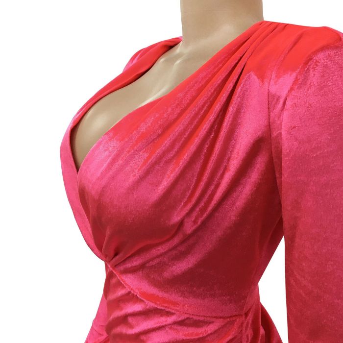 V-neck Shoulder Pad Long Sleeve Velvet Mini Dress