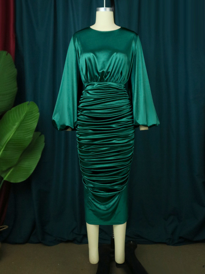 Fashion Lantern Sleeve Pleated Design Evening Dress