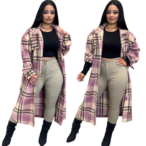 Flannel Worsted Pocket Plaid Long Shirt Coat