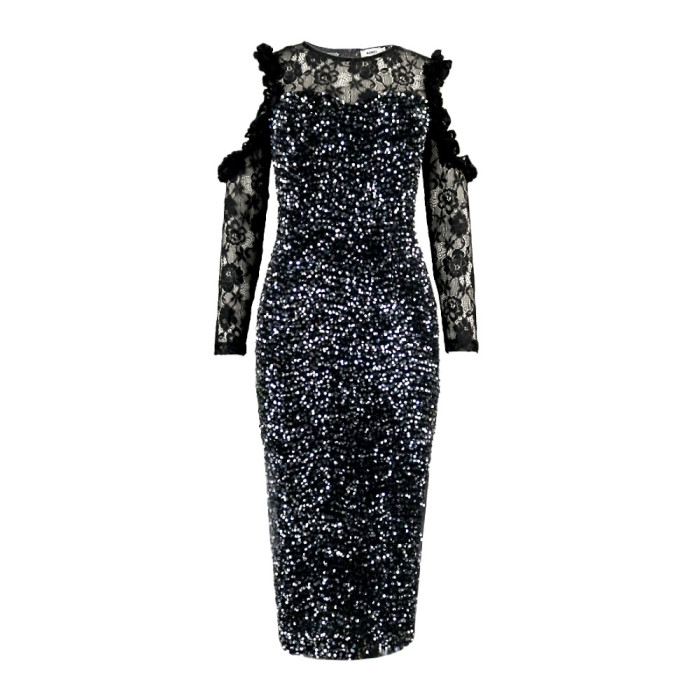 Off Shoulder Sequin Lace Panel Sexy Midi Dress