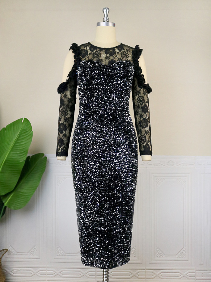 Off Shoulder Sequin Lace Panel Sexy Midi Dress