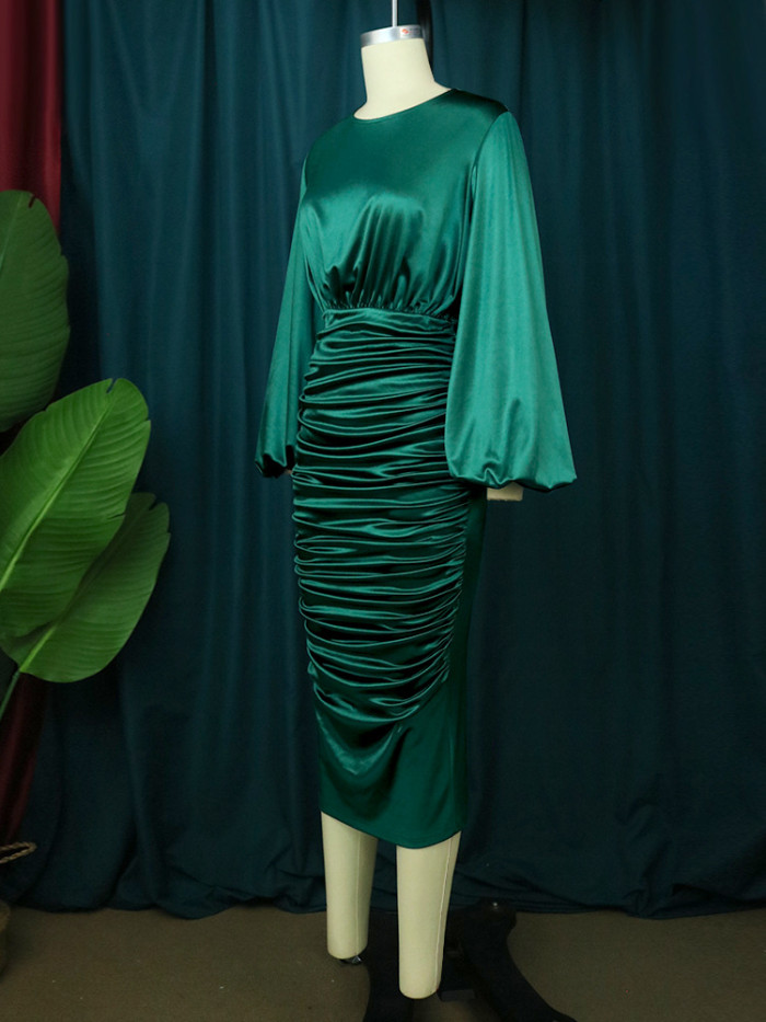 Fashion Lantern Sleeve Pleated Design Evening Dress