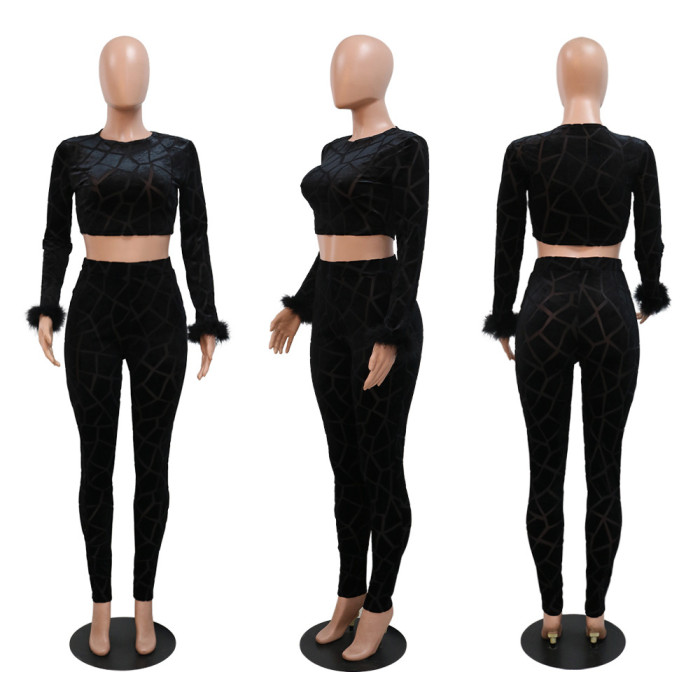 Long Sleeve Short Top and Slim Pants fashion Two-piece Set