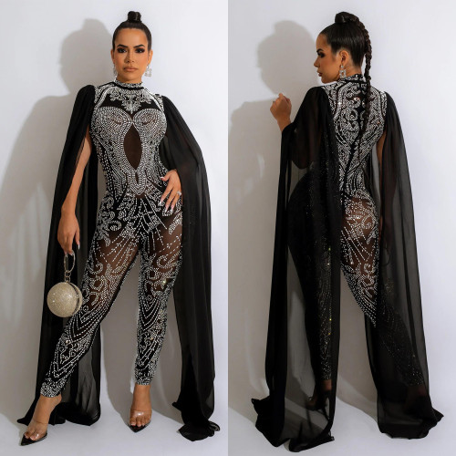 Women Beaded Mesh See-Through Slit Sleeve Jumpsuit