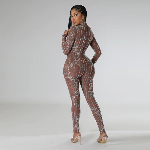 Half High Neck Beaded See-Through Slim Long Sleeve Women Jumpsuit