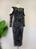 Off Shoulder Sequin Lace Panel Sexy Midi Dress