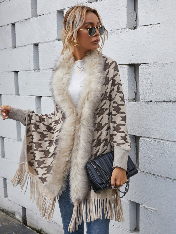 knitted poncho cape cloak with fur