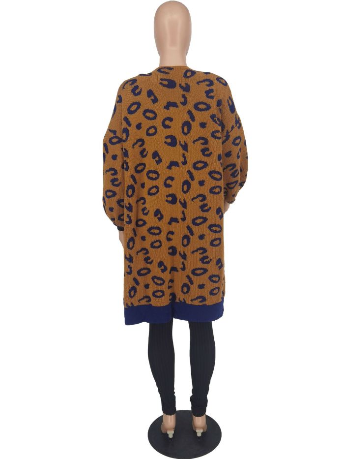 Leopard Print Knit Sweater Long Cardigan