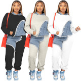 Denim Patchwork Hoodie Sweatshirt And Jogger Pant