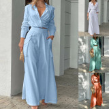 Women'S Casual Solid Color Cropped Long Sleeve Shirt High Waist Wide Leg Pants Two Piece Set