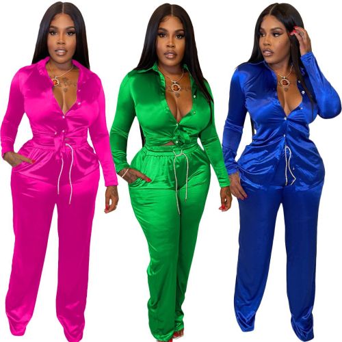 Women's Elastic Satin Lace up Casual Two-piece Suit
