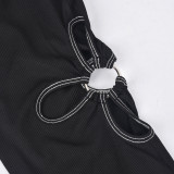 Black Hollow Out Ribbed Skinny Pants