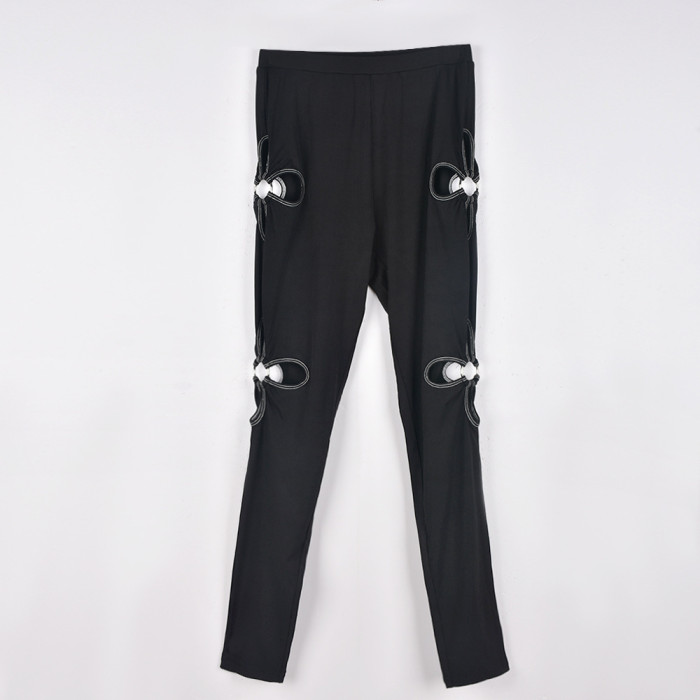 Black Hollow Out Ribbed Skinny Pants