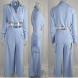 Women'S Casual Solid Color Cropped Long Sleeve Shirt High Waist Wide Leg Pants Two Piece Set