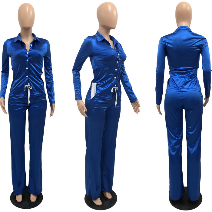 Women's Elastic Satin Lace up Casual Two-piece Suit