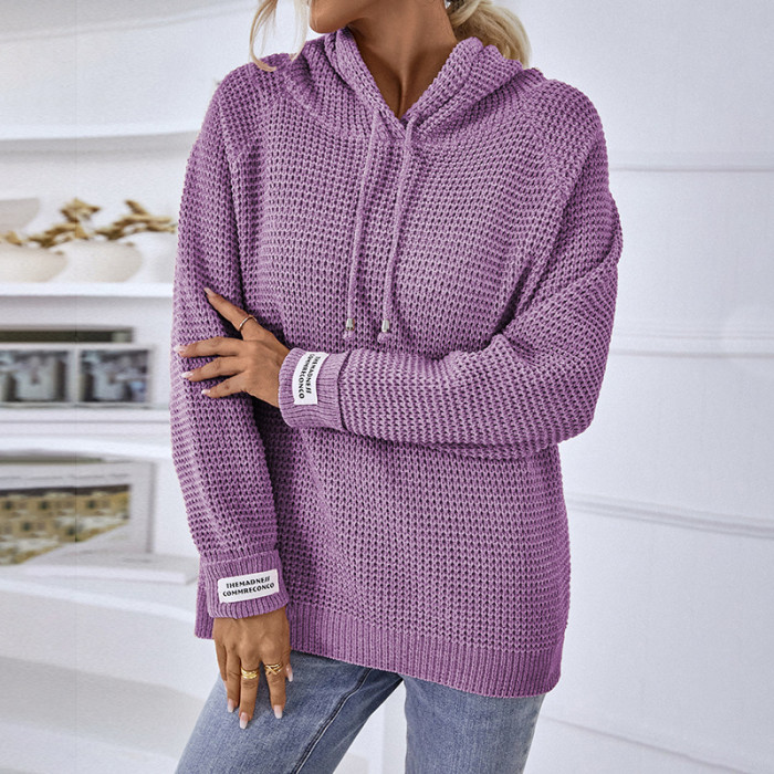 Solid Color Knit Hoodie Sweater