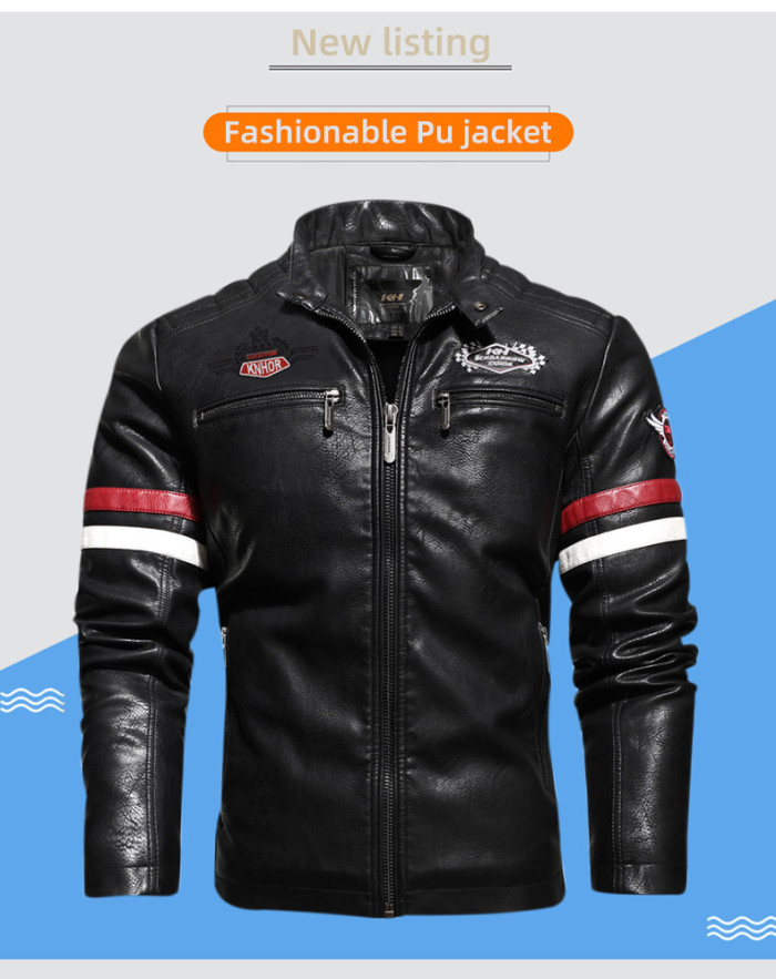 Embroidered Men's Pu Leather Jacket Coat