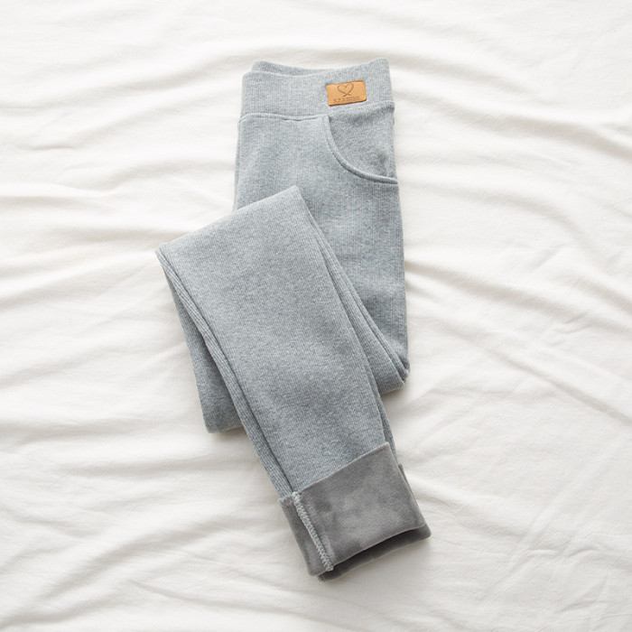 Winter Gray Cashmere Thickened Thread Pocket High Waist Warm Legging