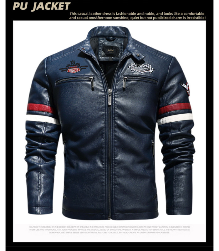Embroidered Men's Pu Leather Jacket Coat