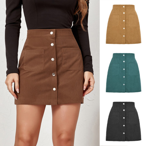Corduroy Button High Waist Bodycon Skirt