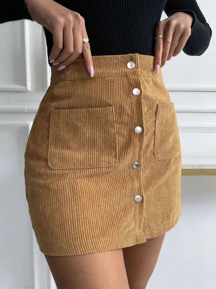 Corduroy Button High Waist Bodycon Skirt