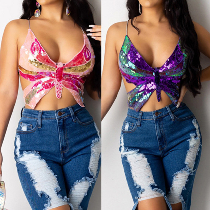 Sequin Butterfly Sexy Crop Top