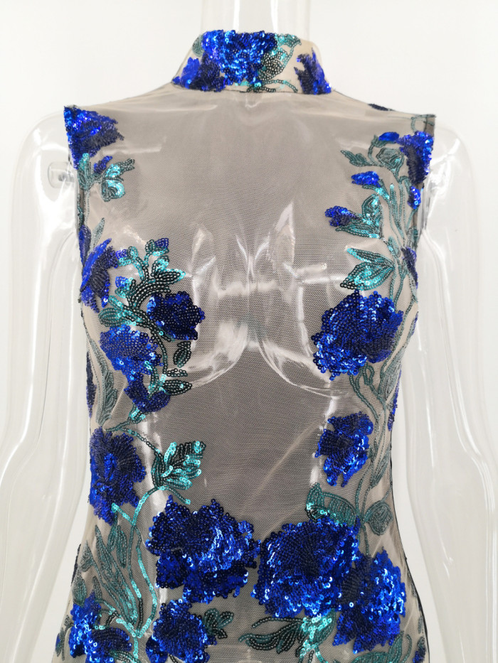 Flower Sequin Mesh Sexy Transparent Club Dress
