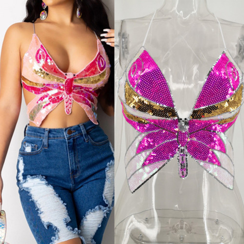 Sequin Butterfly Sexy Crop Top