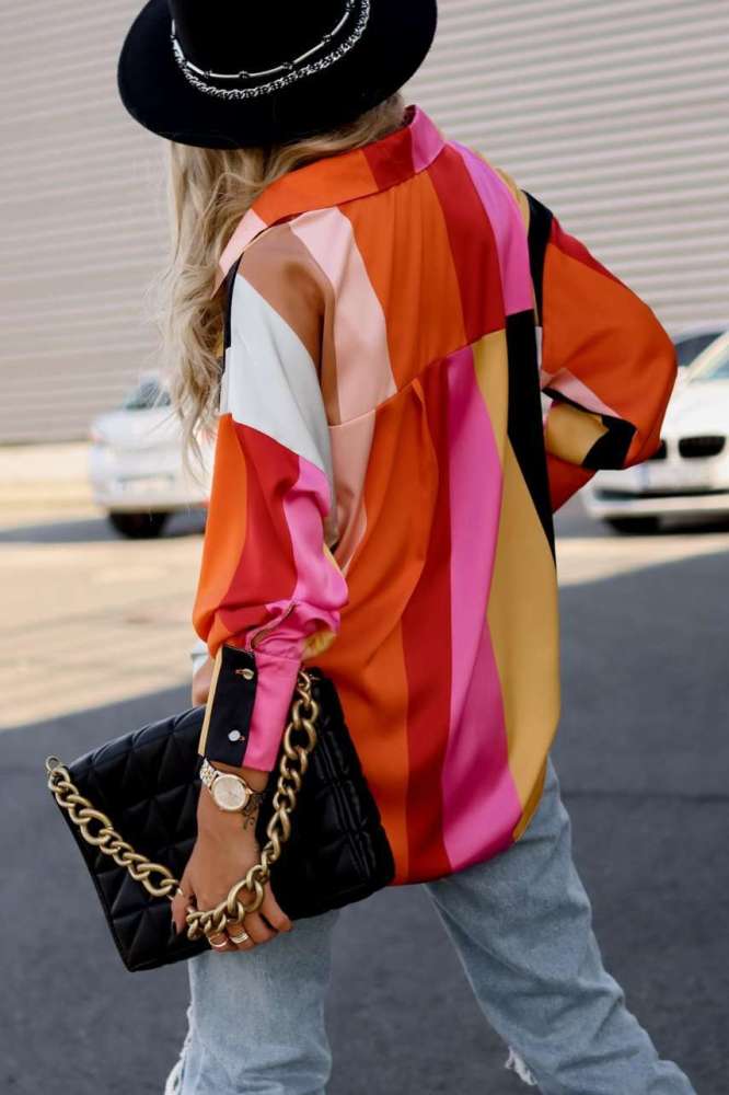 Turn Down Collar Color Block Blouse Shirt