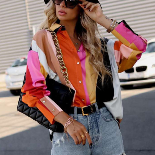 Turn Down Collar Color Block Blouse Shirt