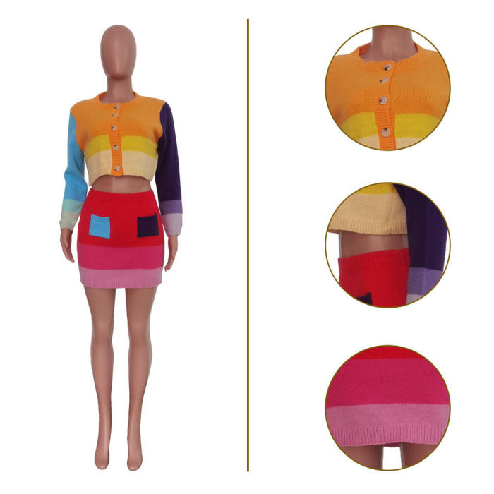 Knit Color Block Crop Top And Skirt Set