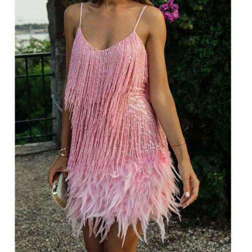 Sequin Feather Tassel Sexy Party Dress