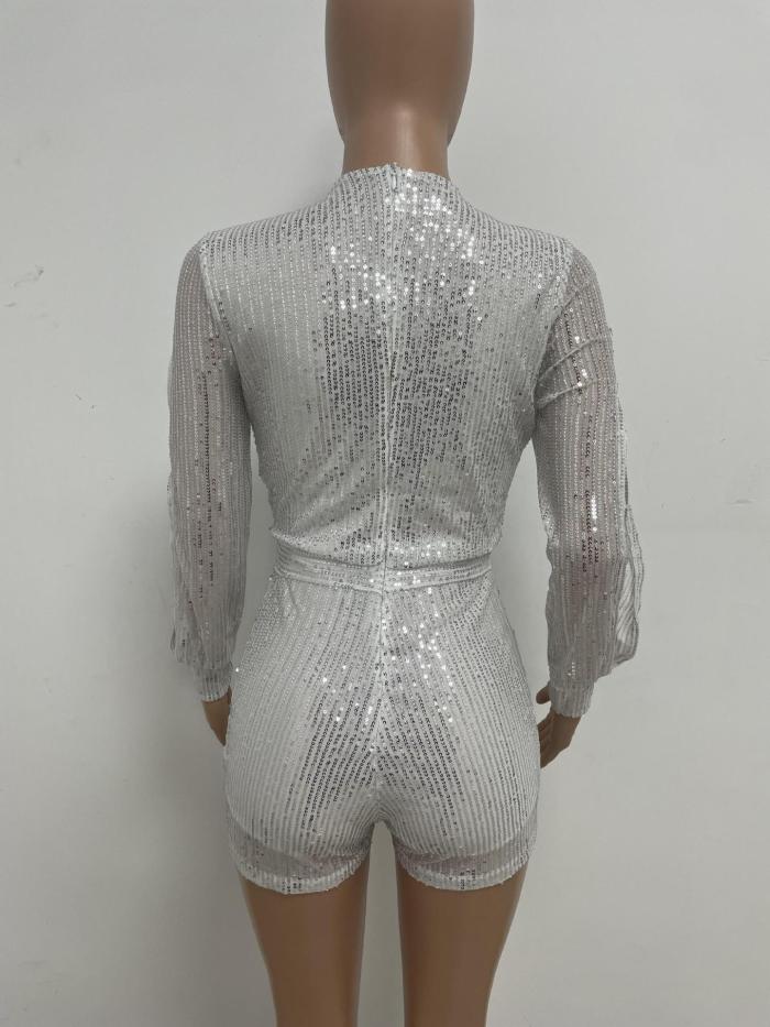 Long Sleeve Cold Shoulder Sequin Romper Jumpsuit