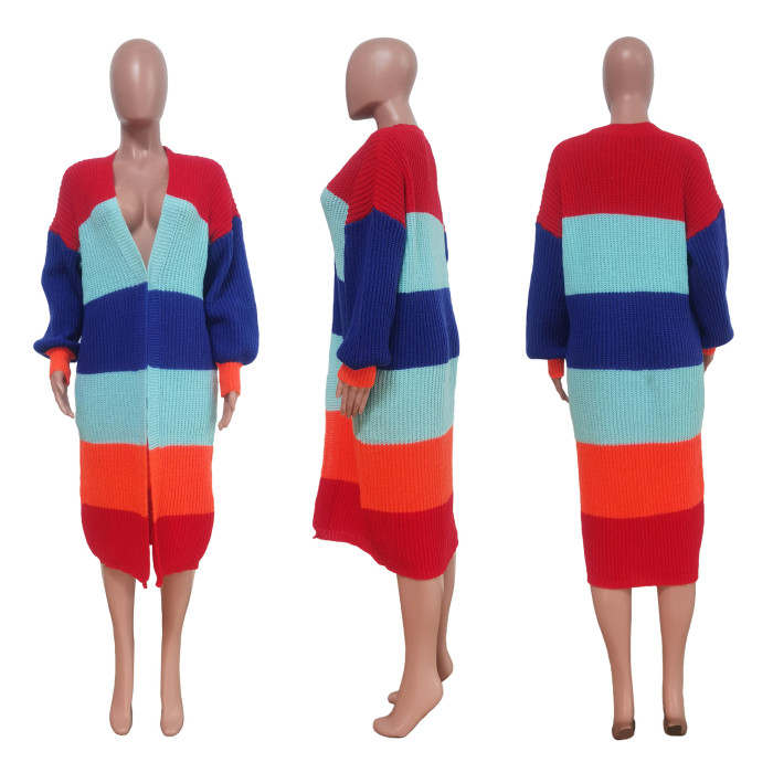 Color Block Knit Sweater Long Cardigan