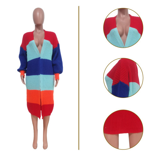 Color Block Knit Sweater Long Cardigan