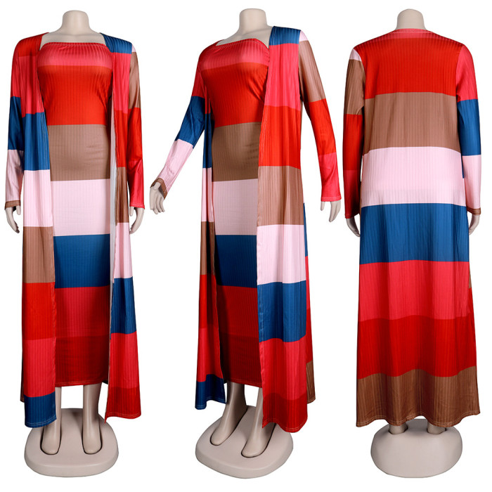 Color Block Ribbed Bodyon Dress With Long Cardigan