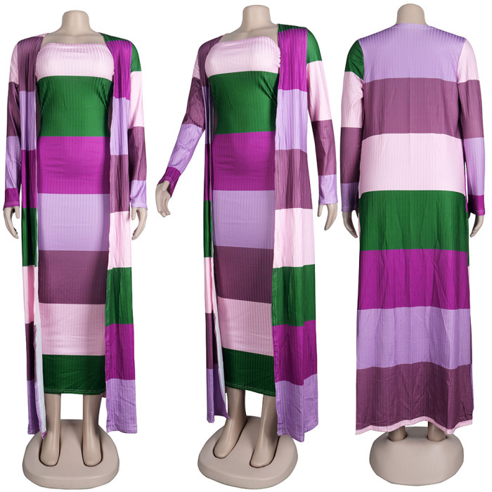Color Block Ribbed Bodyon Dress With Long Cardigan