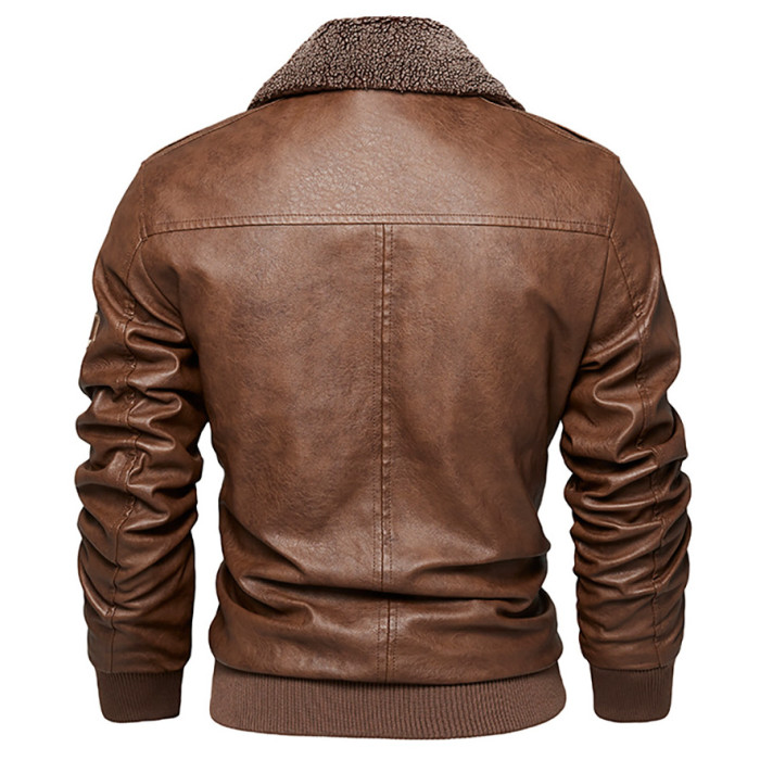 Winter Men's Leather Jacket FLeece Warm Motorcycle Lapel PU Leather Coat