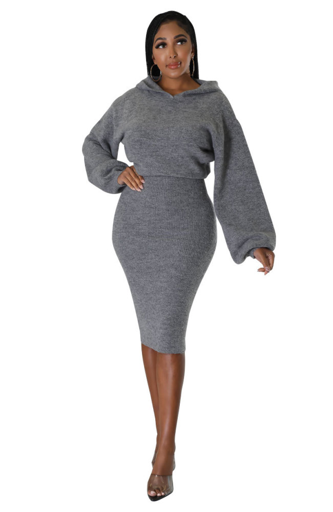 Ribbed Solid Hoodies And Skirt Set