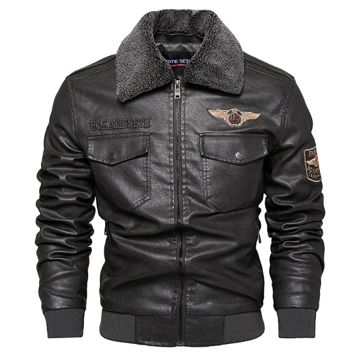 Winter Men's Leather Jacket FLeece Warm Motorcycle Lapel PU Leather Coat