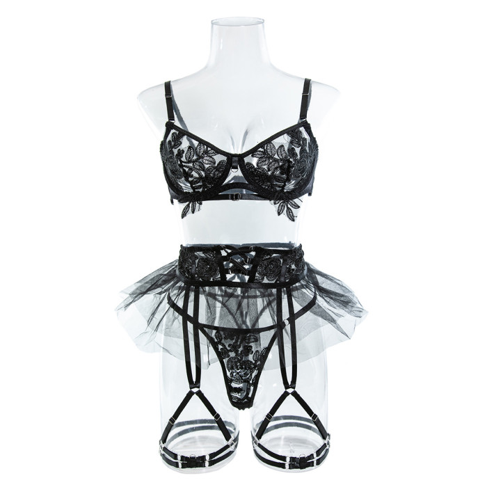 Embroider Lace Sexy Mesh Garter Lingerie Set