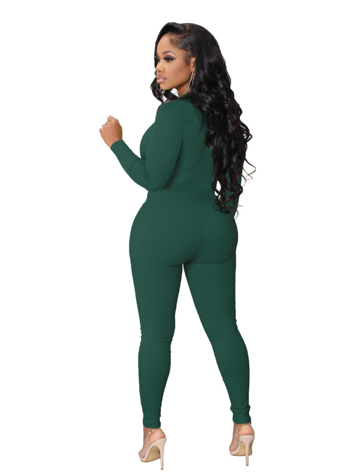 Ribbed Zipper Up One Piece Workout Jumpsuit