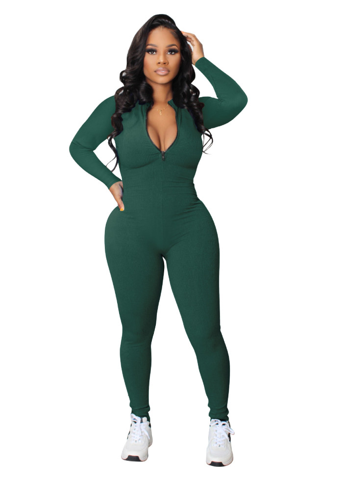 Ribbed Zipper Up One Piece Workout Jumpsuit