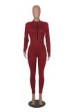 Ribbed Zipper Up One Piece Workout Jumpsuit