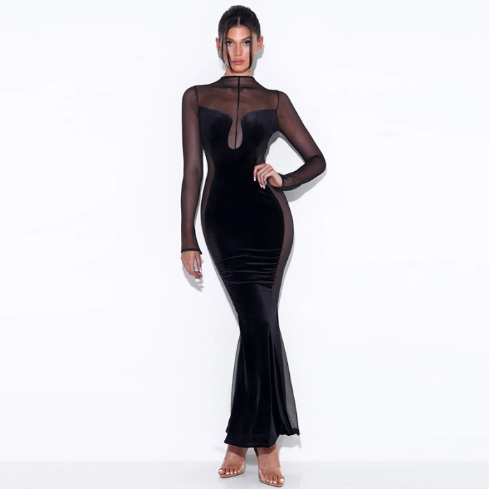 Sexy Hollow Perspective Long Sleeve Round Neck Long Dress