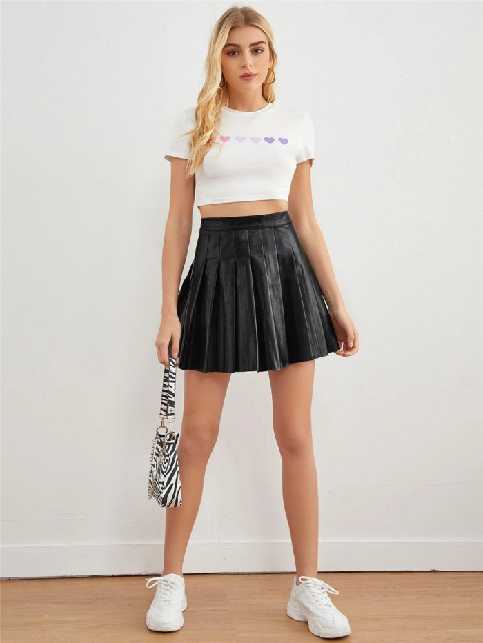 Pleated Ins Sexy PU Leather Skirt