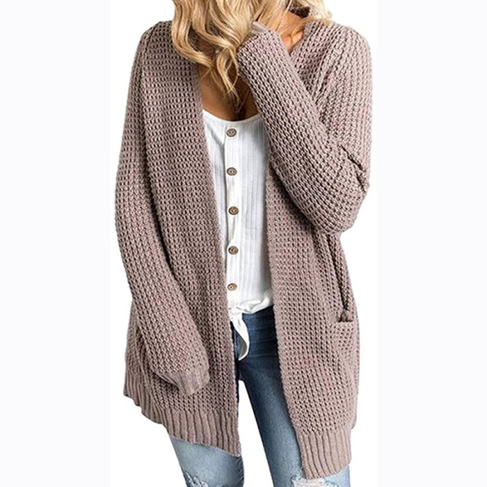Solid Color Loose Pocket Fashion Patchwork Sweater Knitting Long Sleeve Cardigan