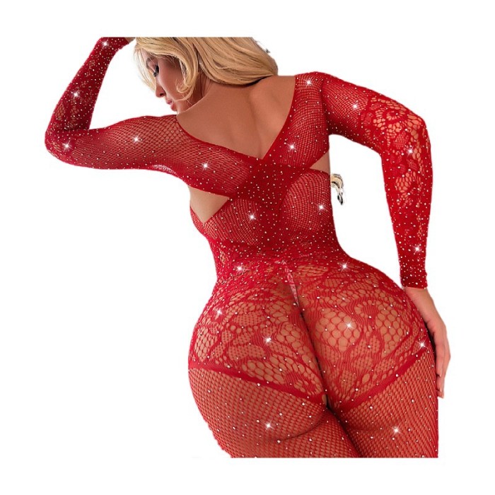 Beaded Hollow Out Mesh Long Sleeve Open Shift Bodystockings