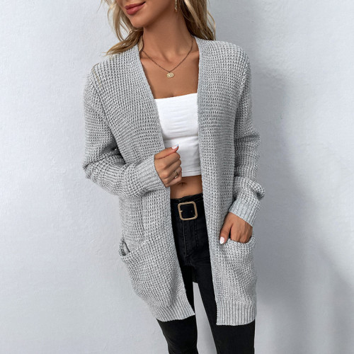 Solid Color Loose Pocket Fashion Patchwork Sweater Knitting Long Sleeve Cardigan