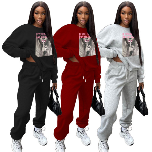Women Casual Fleece Print Long Sleeve Top and Pocket Pant Two Piece